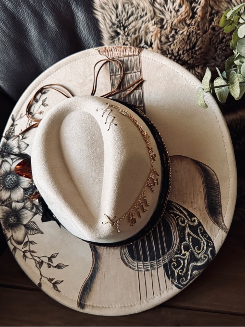 Hand-drawn and burned Morgan Wallen cream Cowboy Hat with Guitar Design.